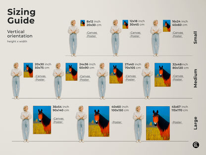 Sizing guide for the vertical orange and blue horse artwork. Visualize canvas and poster sizes.  Find the ideal fit for any space. Enhance your home with equestrian modern farmhouse art. Get the perfect size