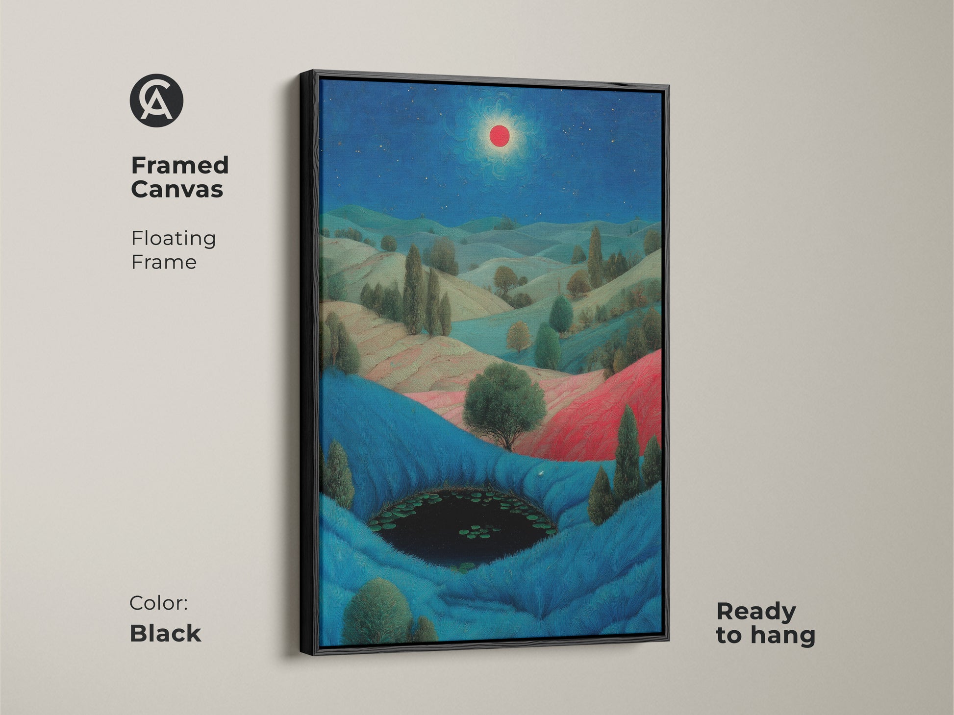 This is a stretched canvas of a surreal nature wall hanging. The blue and red color palette creates a unique atmosphere. Great artistic fantasy wall decor. Bring celestial landscape to your home today.