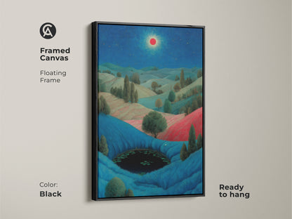 This is a stretched canvas of a surreal nature wall hanging. The blue and red color palette creates a unique atmosphere. Great artistic fantasy wall decor. Bring celestial landscape to your home today.