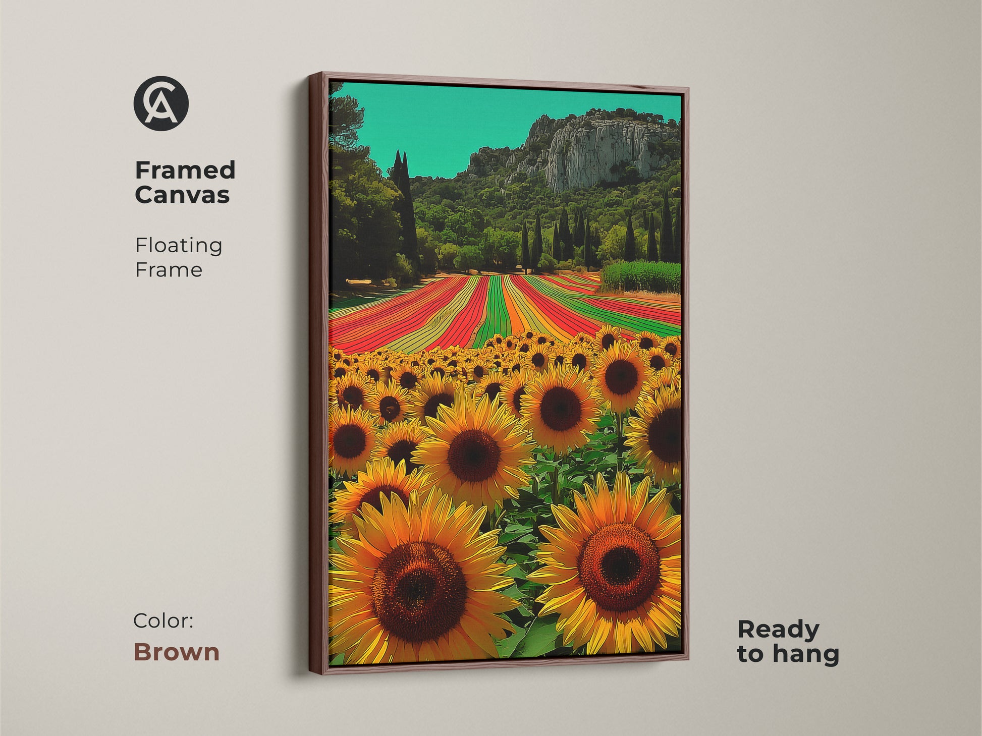 Framed canvas art showing a sunflower field landscape. Boho home decor in yellow and orange tones. The summer field wall decor is ready to hang. The frame is a brown floating frame.
