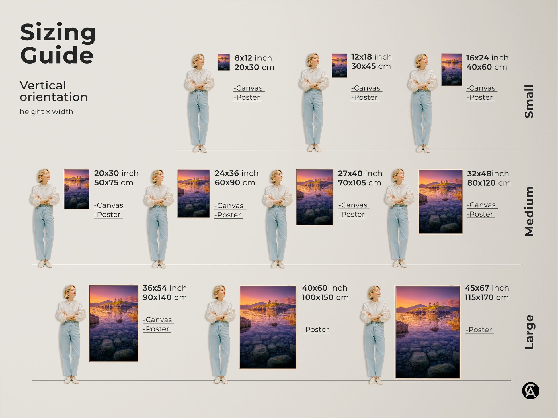Sizing Guide shows Island Seascape artwork in various vertical sizes. The Coastal Sunset Wall Art is available as canvas or poster prints. Visual guide helps choose the perfect size for bedroom nature decor or a housewarming gift.