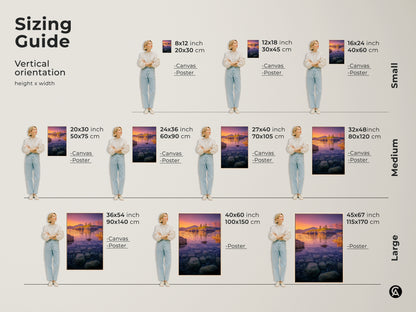 Sizing Guide shows Island Seascape artwork in various vertical sizes. The Coastal Sunset Wall Art is available as canvas or poster prints. Visual guide helps choose the perfect size for bedroom nature decor or a housewarming gift.