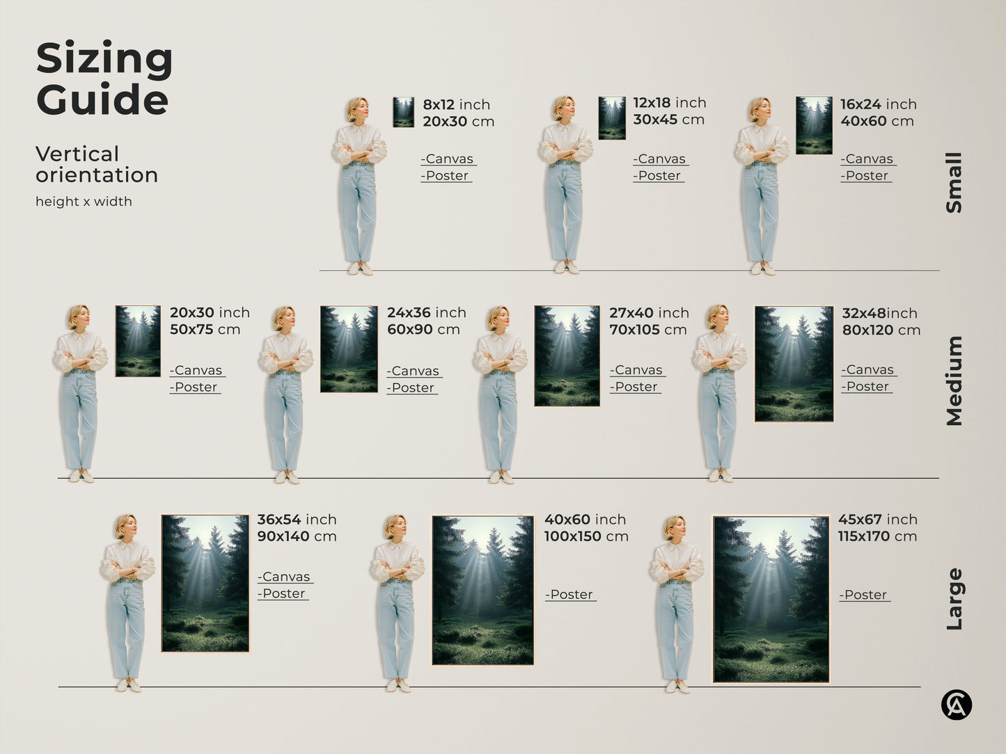 Sizing guide for vertical emerald teal forest art. Available as canvas or poster prints in sizes from 8x12 to 45x67 inches. Find the perfect misty forest wall art to fit your residential space and enhance your Scandinavian decor.
