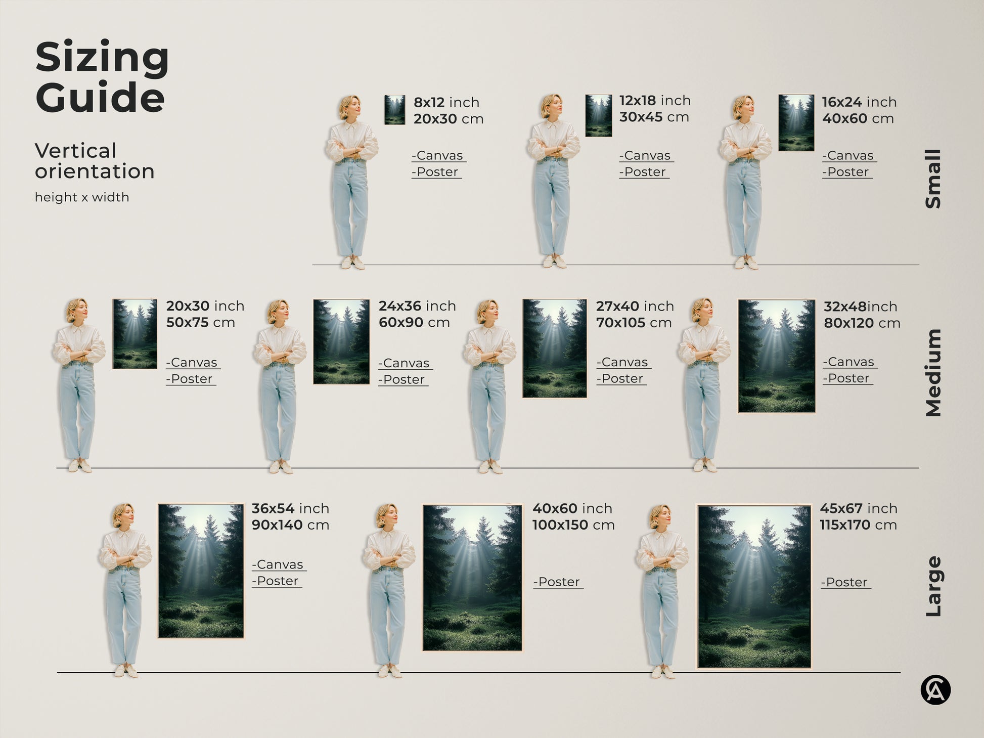 Sizing guide for vertical emerald teal forest art. Available as canvas or poster prints in sizes from 8x12 to 45x67 inches. Find the perfect misty forest wall art to fit your residential space and enhance your Scandinavian decor.