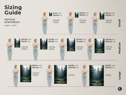 Sizing guide for vertical emerald teal forest art. Available as canvas or poster prints in sizes from 8x12 to 45x67 inches. Find the perfect misty forest wall art to fit your residential space and enhance your Scandinavian decor.