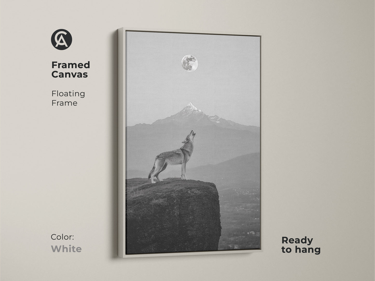 White framed canvas displaying a wolf howling at the moon. Minimalist landscape canvas for modern decor. A thoughtful nature lovers gift idea ready to hang.