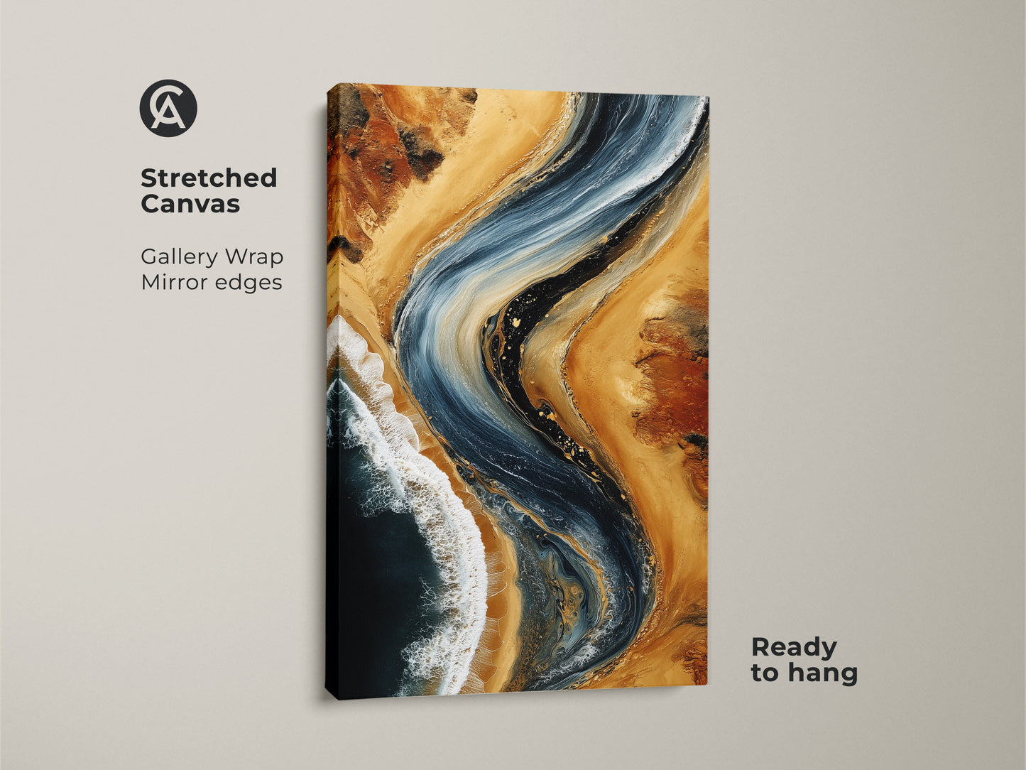 Stretched canvas featuring deep blue and sandy beige abstract artwork. The ocean wave fluid art print has gallery wrapped mirror edges. Ready to hang coastal landscape canvas. The modern abstract artwork offers rich color and detail.