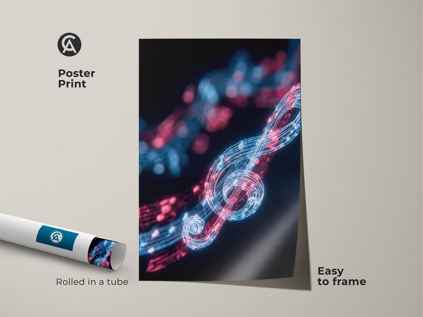 Poster print of abstract music art. This artwork features a neon treble clef and musical notes in electric blue and red. Easy to frame it makes a vibrant addition to any modern home or office.
