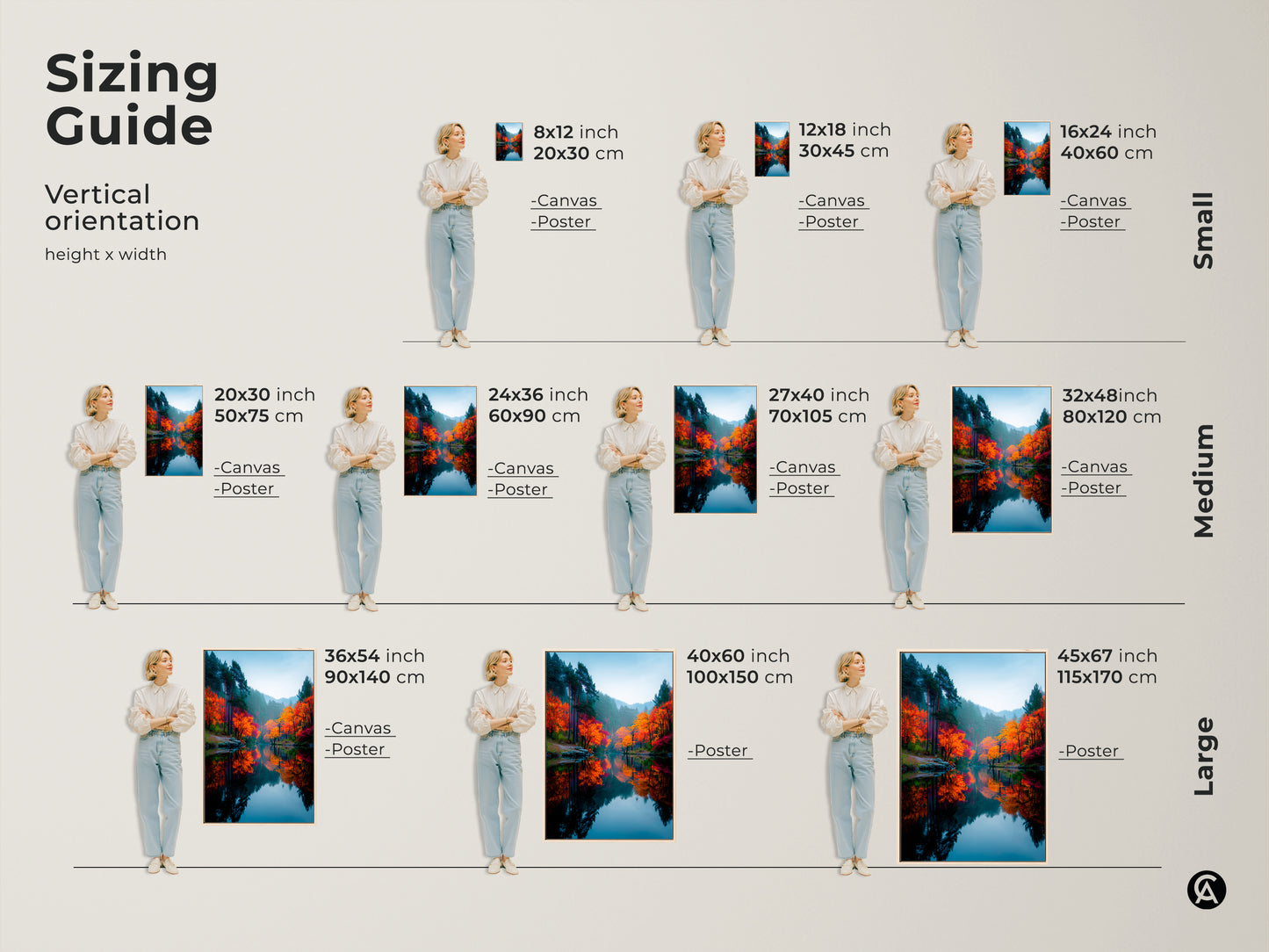 Sizing guide for vertical landscape artwork. Visualize different sizes of canvas and poster prints. Find the ideal dimensions to complement your wall space. Explore autumn forest art for sale.