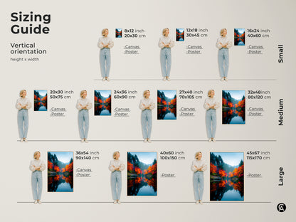 Sizing guide for vertical landscape artwork. Visualize different sizes of canvas and poster prints. Find the ideal dimensions to complement your wall space. Explore autumn forest art for sale.