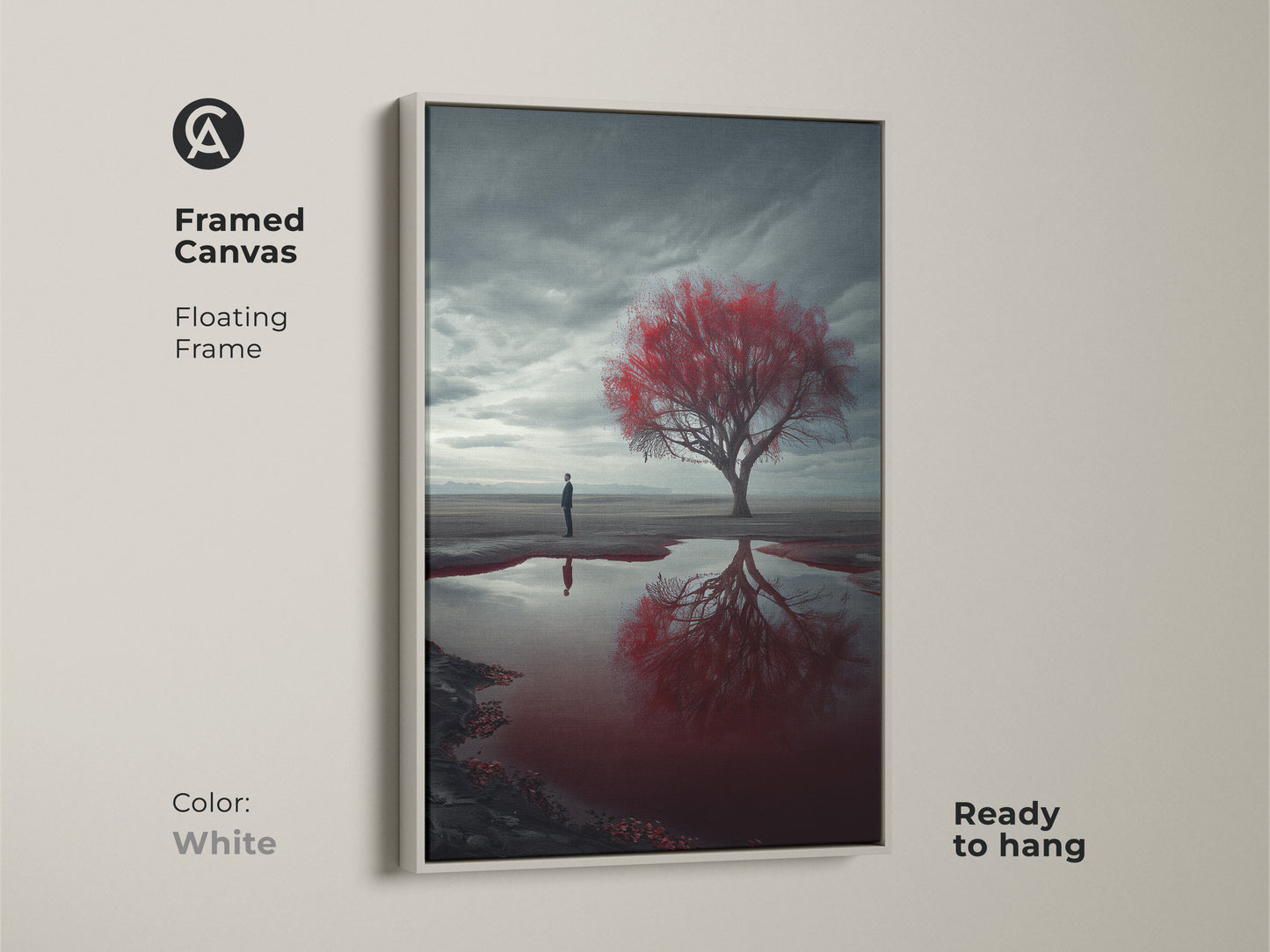 Framed canvas print showcases a surreal desert scene with a red tree and lone man. The floating frame in white complements the contemporary artwork. Ready to hang this piece adds a unique focal point to your space. This is a perfect addition to any living room or bedroom.