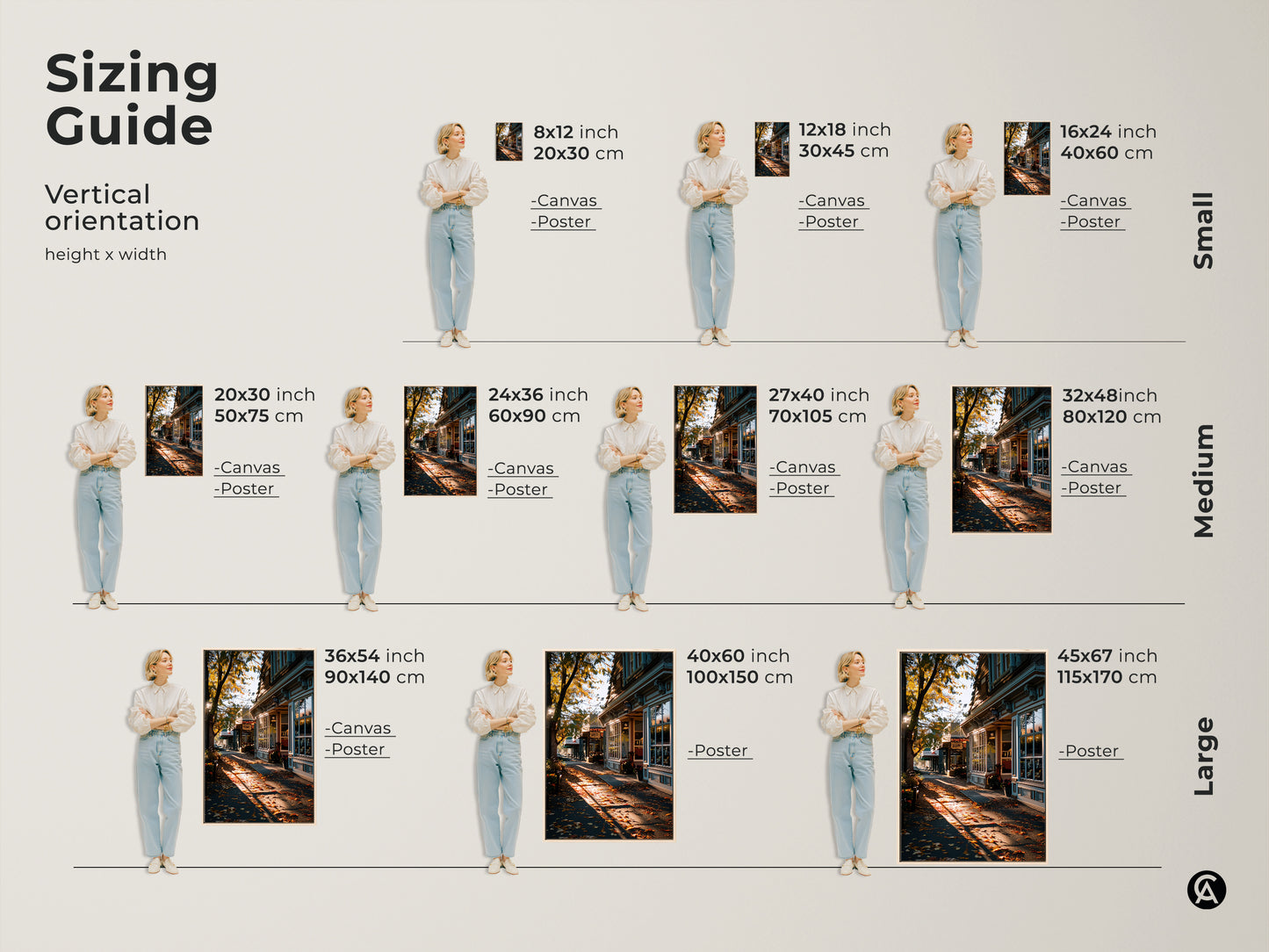 Sizing guide for vertical autumn street canvas and poster prints. Options range from small 8x12 to large 45x67 inches. Visualize the artwork in various sizes. Perfect for entryway living room or housewarming gifts. Find the ideal fit for your space.