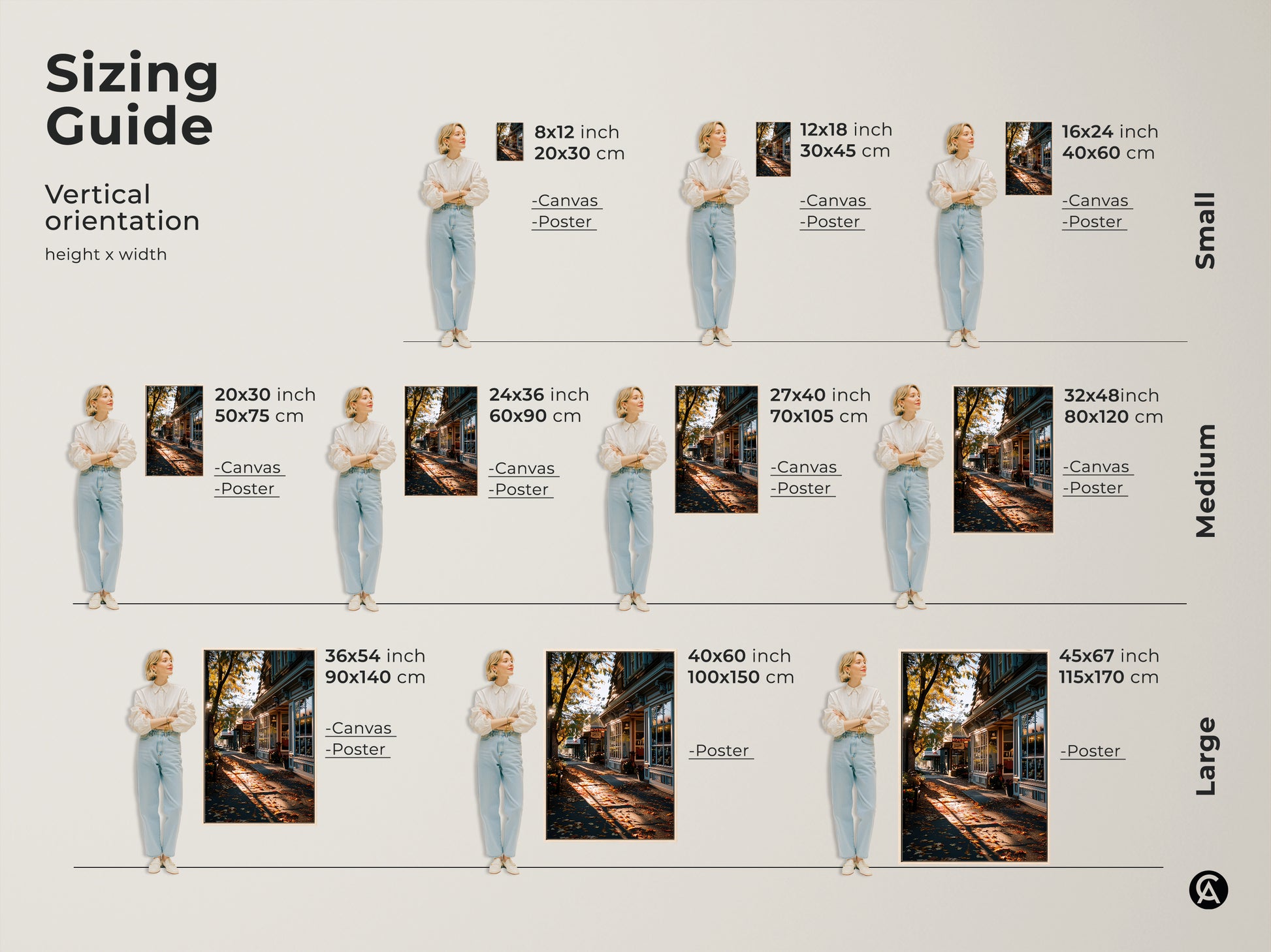 Sizing guide for vertical autumn street canvas and poster prints. Options range from small 8x12 to large 45x67 inches. Visualize the artwork in various sizes. Perfect for entryway living room or housewarming gifts. Find the ideal fit for your space.