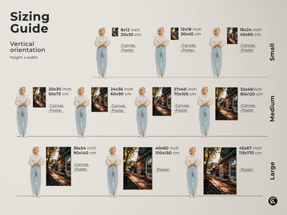 Sizing guide for vertical autumn street canvas and poster prints. Options range from small 8x12 to large 45x67 inches. Visualize the artwork in various sizes. Perfect for entryway living room or housewarming gifts. Find the ideal fit for your space.