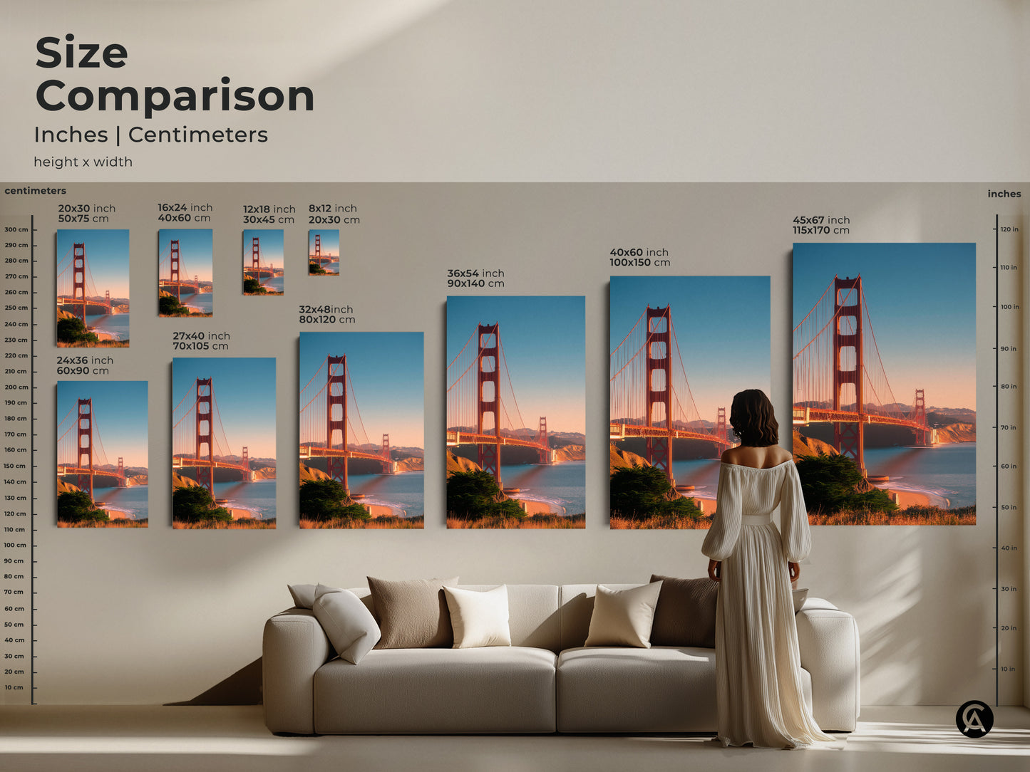 Size comparison of Golden Gate Bridge prints in inches and centimeters. See how the San Francisco cityscape art fits above a sofa. Ocean view wall art transforms your living room. Choose the right size for your travel photography decor.