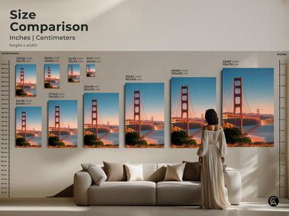 Size comparison of Golden Gate Bridge prints in inches and centimeters. See how the San Francisco cityscape art fits above a sofa. Ocean view wall art transforms your living room. Choose the right size for your travel photography decor.