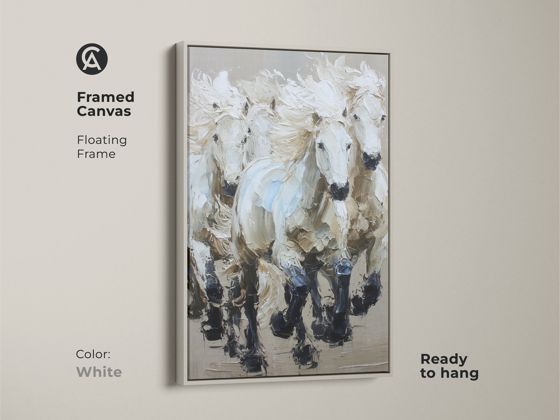 Framed Canvas featuring Galloping White Horses with a white floating frame. This elegant horse canvas art complements contemporary home decor. The framed artwork is ready to hang. It makes a thoughtful housewarming gift.