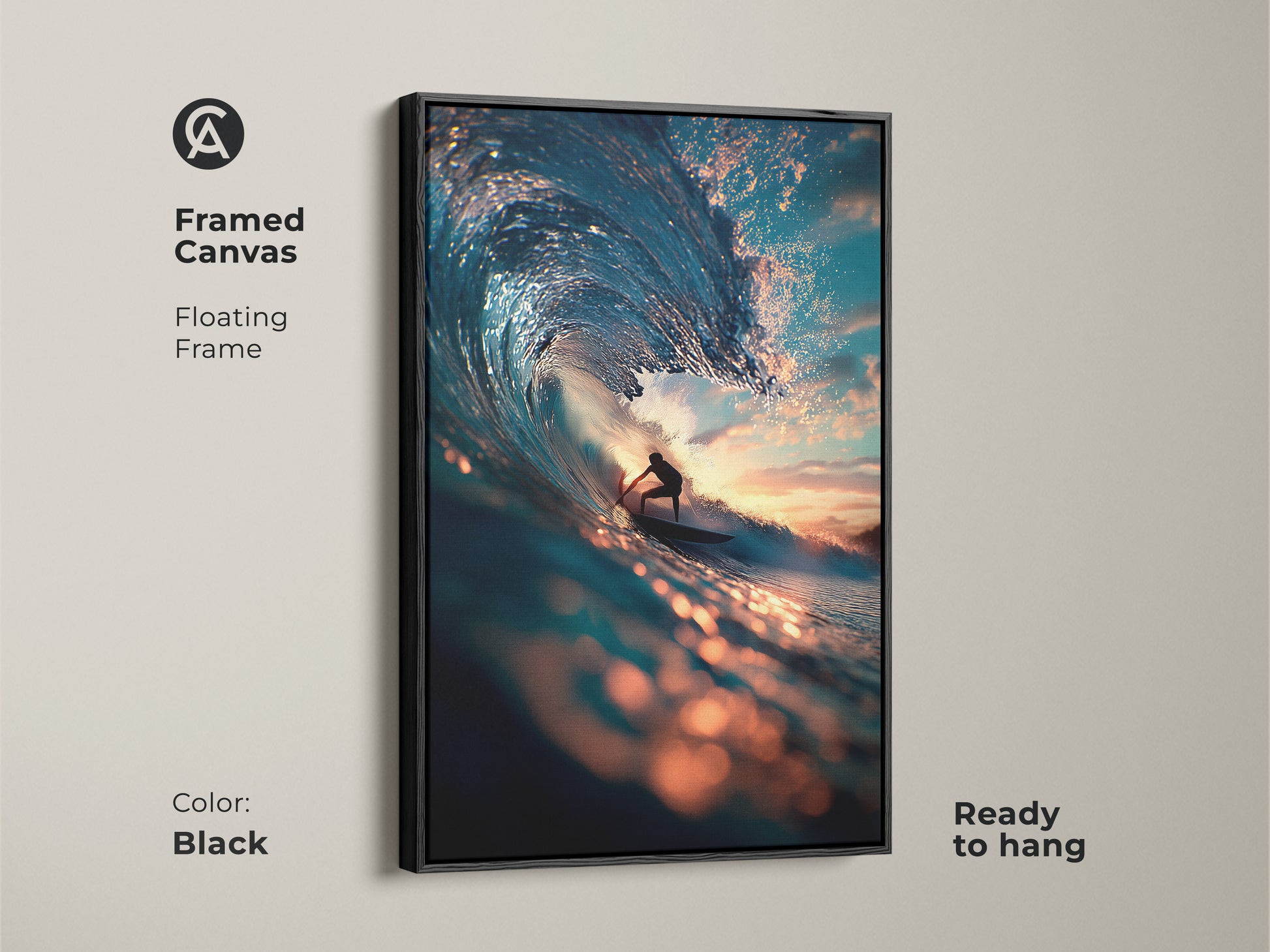Enhance your space with this framed canvas art. A surfer conquers a stunning blue wave. The floating frame adds a touch of elegance. Ready to hang in a sleek black frame. It brings a modern coastal vibe to any room. Perfect for ocean enthusiasts.