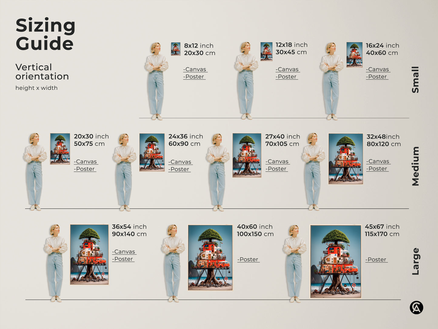 A sizing guide demonstrates the vertical orientation of the eclectic treehouse canvas art. Sizes range from small to large. Visualize how this red orange blue beach scene will fit in your space whether as a poster or canvas.