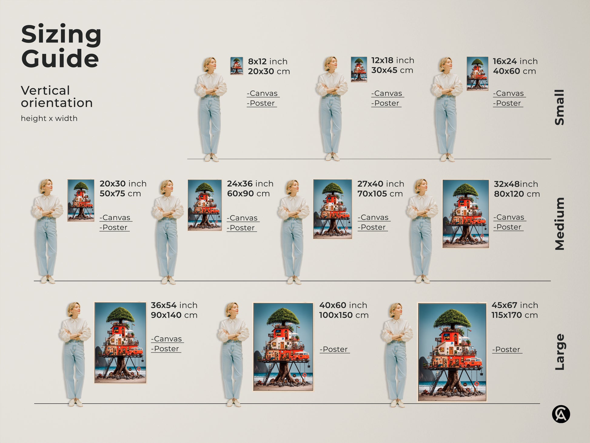 A sizing guide demonstrates the vertical orientation of the eclectic treehouse canvas art. Sizes range from small to large. Visualize how this red orange blue beach scene will fit in your space whether as a poster or canvas.