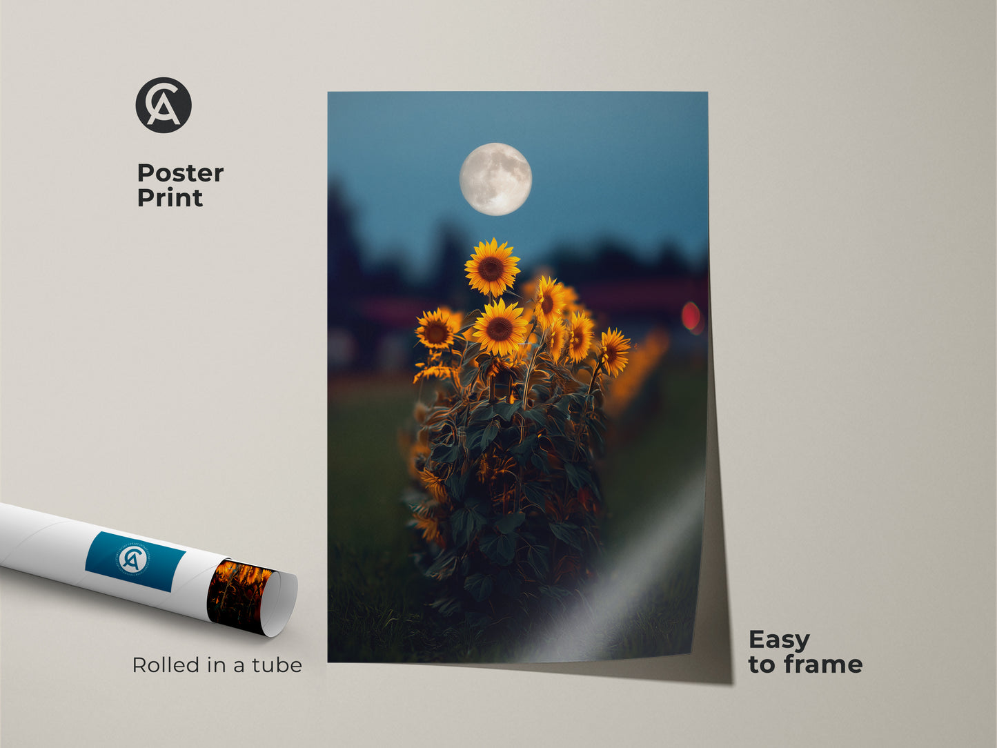Poster print of a dreamy sunflower and moon artwork rolled in a tube. Easy to frame botanical wall art print. The yellow orange floral art with deep blue accents adds a bohemian touch. Perfect as art for your bedroom wall or living room canvas art.