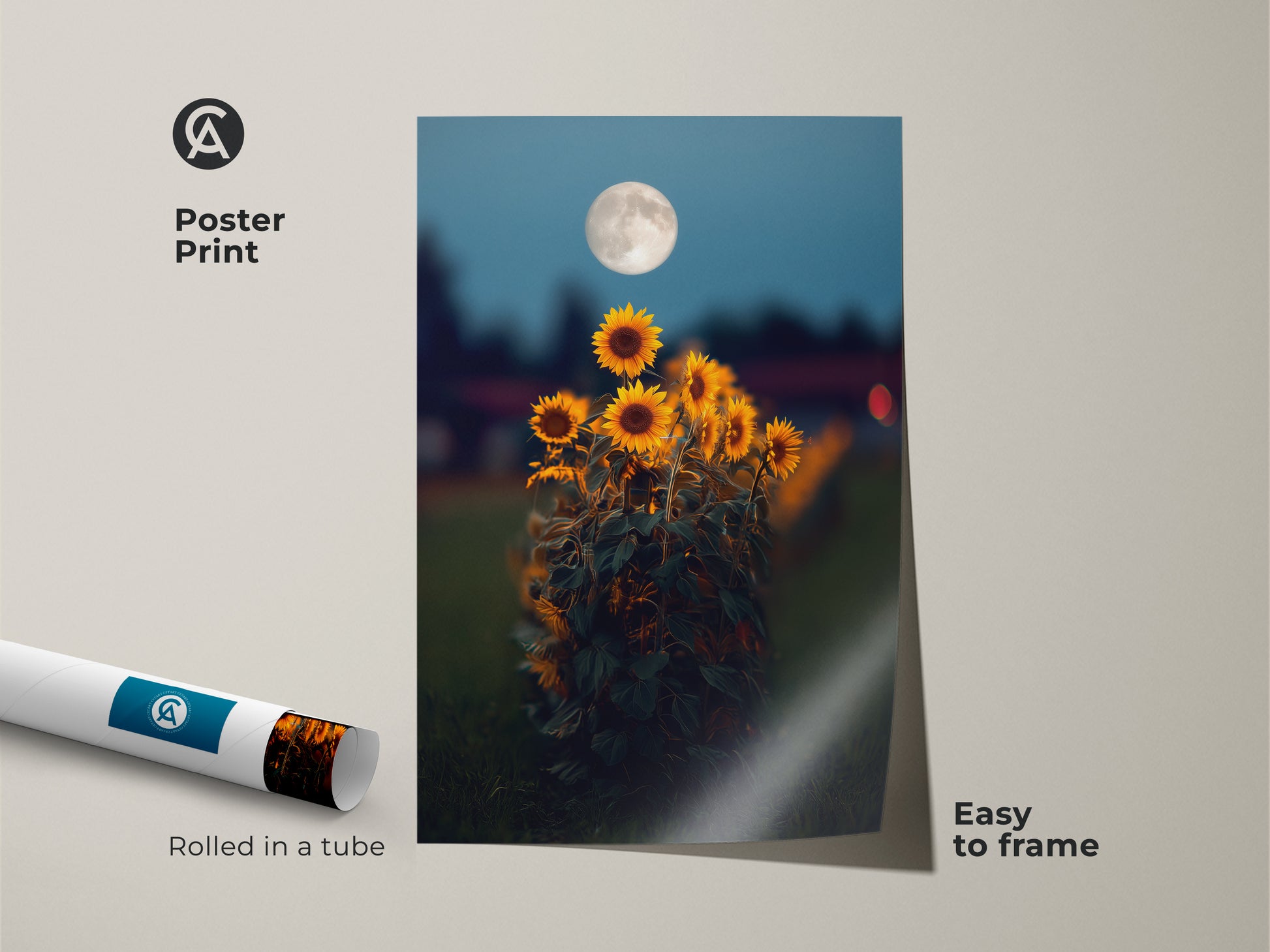 Poster print of a dreamy sunflower and moon artwork rolled in a tube. Easy to frame botanical wall art print. The yellow orange floral art with deep blue accents adds a bohemian touch. Perfect as art for your bedroom wall or living room canvas art.