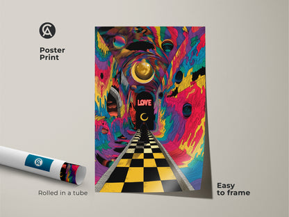 Poster print showcases psychedelic abstract art. The rolled canvas features a surreal chessboard path and tunnel vision. This trippy bedroom decor is easy to frame. The eclectic wall art print adds color and style to any space.