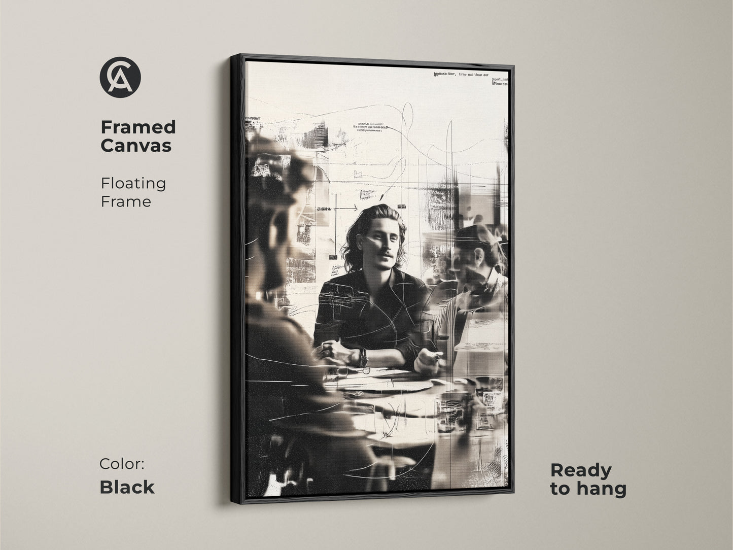 Framed canvas featuring a monochrome abstract sketch of a business meeting. The floating black frame adds a modern touch. Ready to hang this contemporary office wall art enhances any workspace. This people sketch print is perfect for professional room decor.