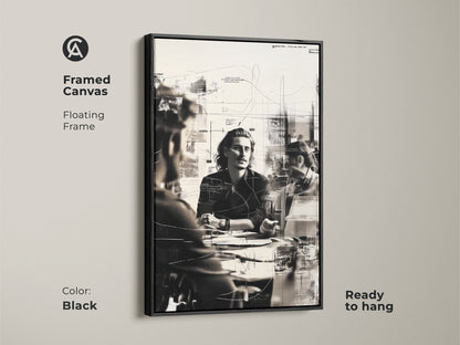 Framed canvas featuring a monochrome abstract sketch of a business meeting. The floating black frame adds a modern touch. Ready to hang this contemporary office wall art enhances any workspace. This people sketch print is perfect for professional room decor.