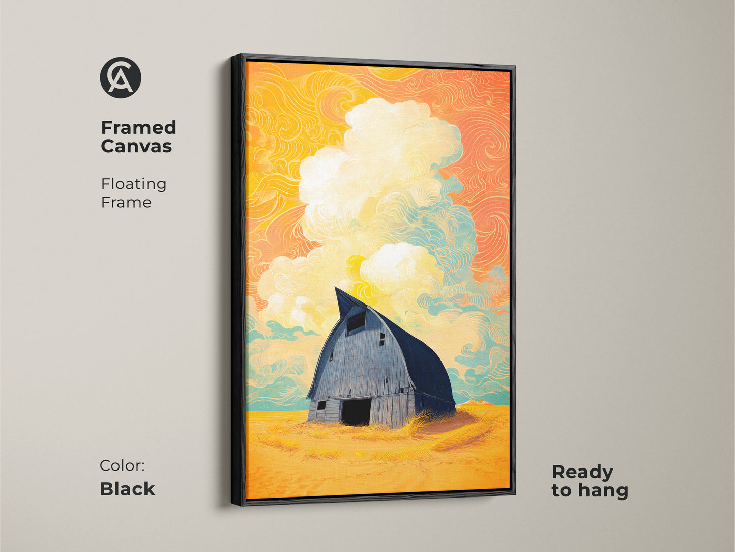 Framed canvas of a surreal barn artwork with a floating black frame. This stylized landscape print is ready to hang. It showcases country home decor with yellow orange teal art. The eclectic farmhouse art piece enhances a room's artistic feel.