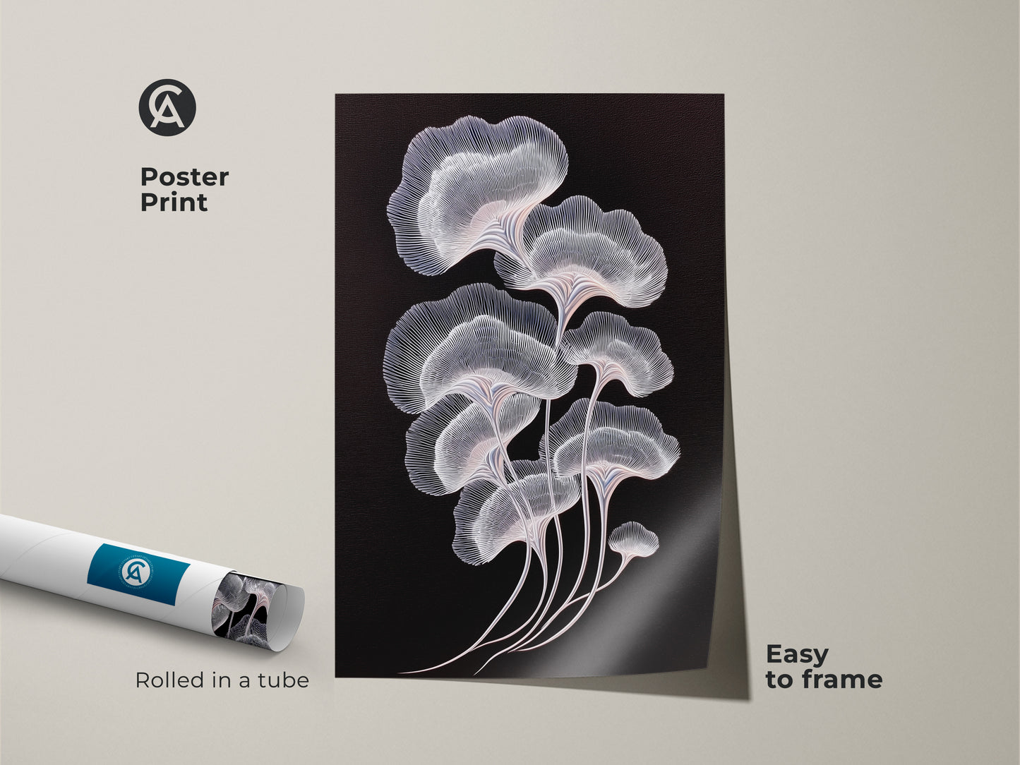 Modern ginkgo leaf artwork presented as a poster print. The abstract botanical art features white and pink lines. A black background adds contrast. Rolled in a tube for easy framing. A chic and simple way to add art to your home or office.