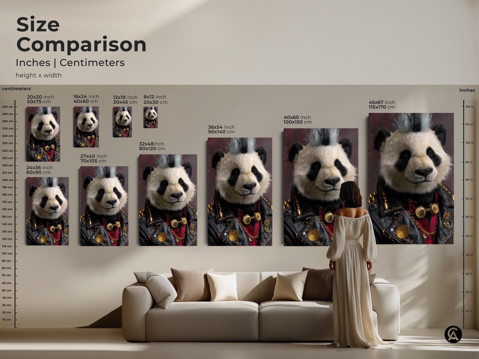 A size comparison of the Punk Rock Panda artwork in different dimensions. See how this cool panda wall art fits above a sofa to enhance your room. The unique animal canvas is perfect for making a statement. This display provides a scale reference.