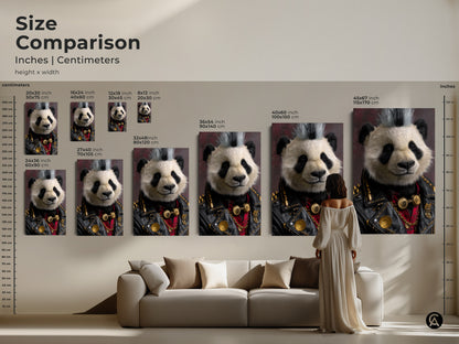 A size comparison of the Punk Rock Panda artwork in different dimensions. See how this cool panda wall art fits above a sofa to enhance your room. The unique animal canvas is perfect for making a statement. This display provides a scale reference.