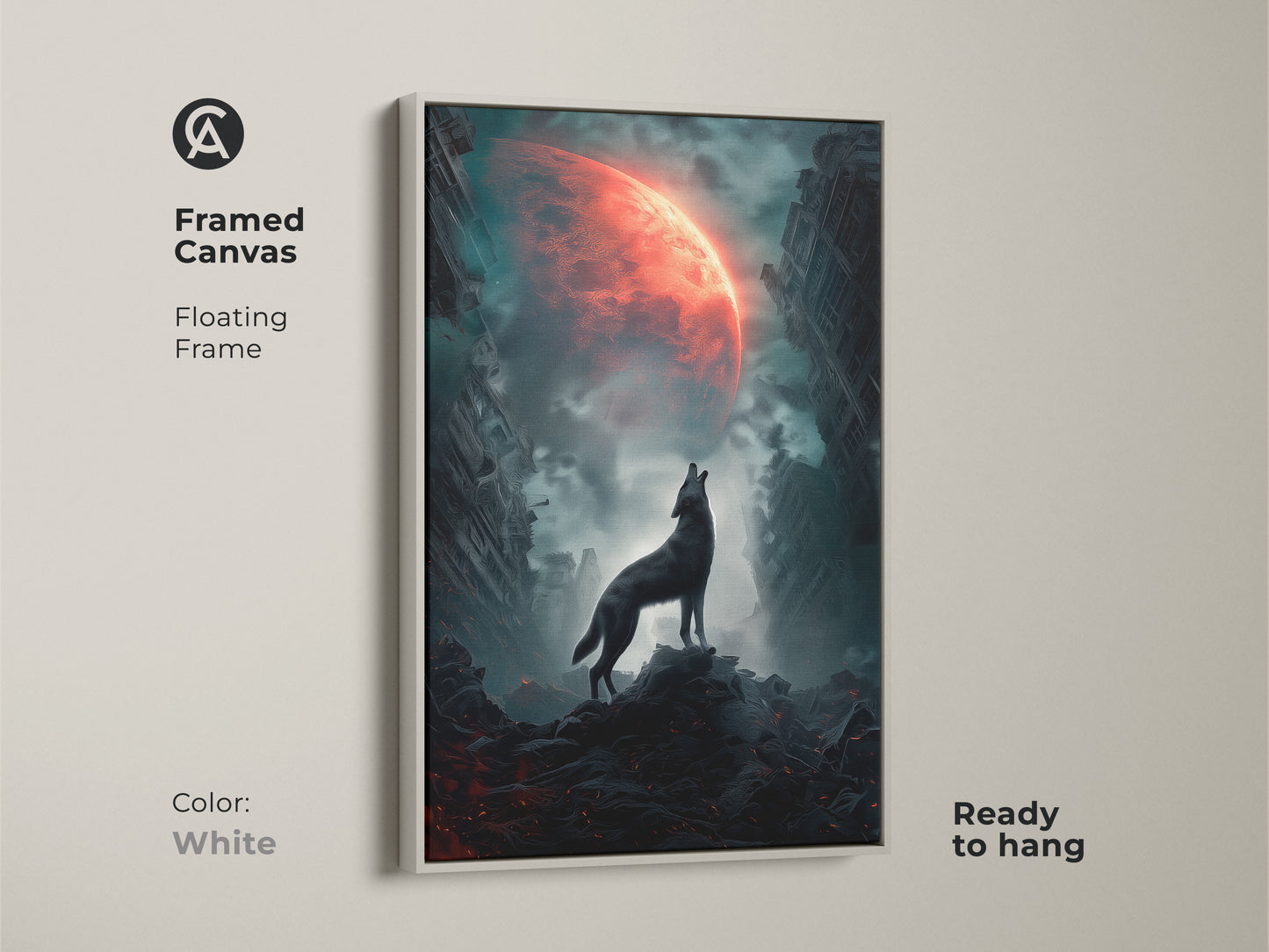 Framed canvas with white floating frame showcasing a wolf howling at the crimson moon. Ready to hang art creates a captivating focal point. Surreal fantasy artwork enhances your living space. Post-apocalyptic decor for sci-fi enthusiasts.