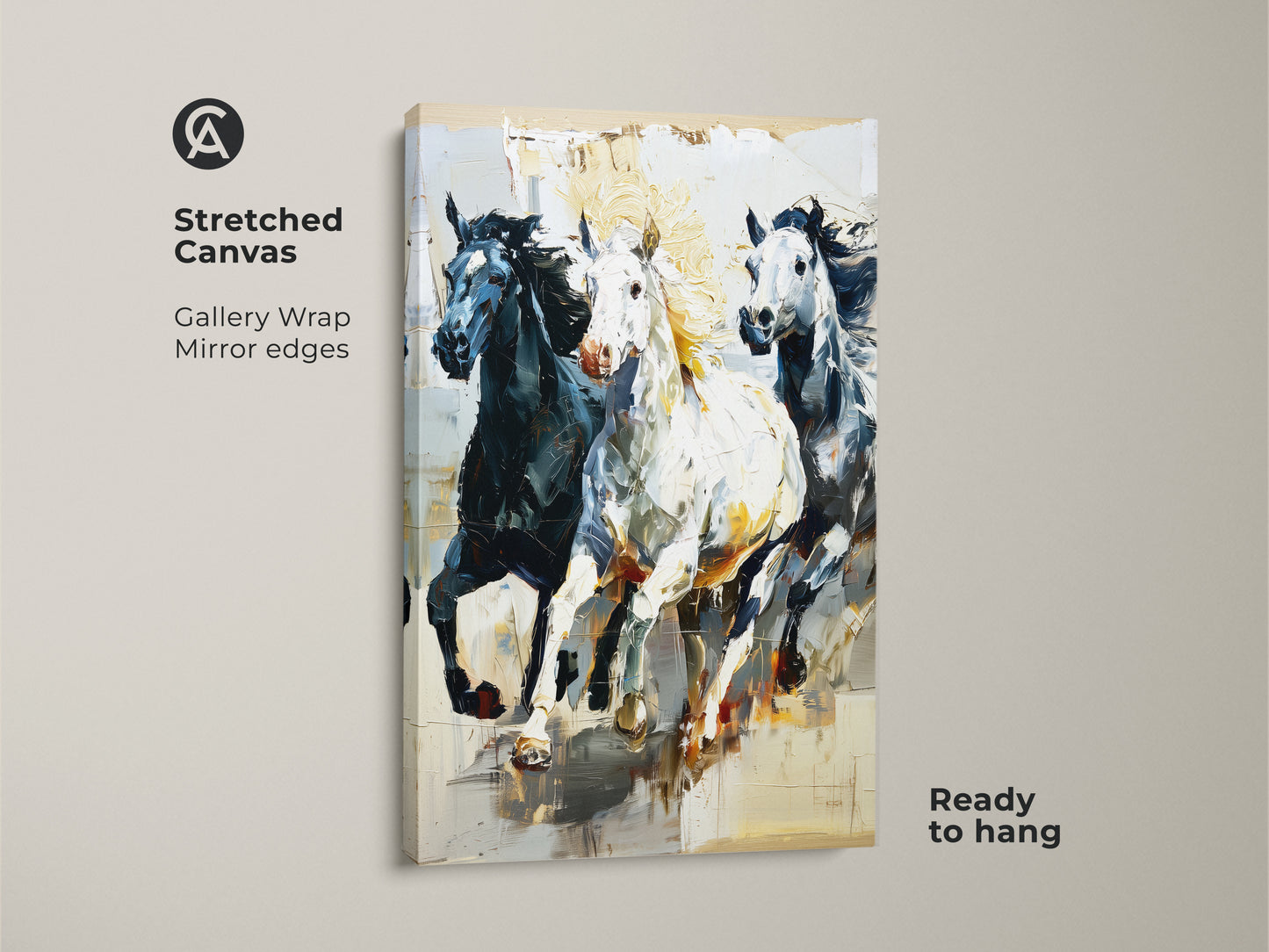Elevate your space with this ready-to-hang stretched canvas art. The gallery wrap and mirror edges enhance the black white and gray impressionistic horse print. Ideal as eclectic living room art or animal wall hanging. A modern horse painting for wildlife art enthusiasts.