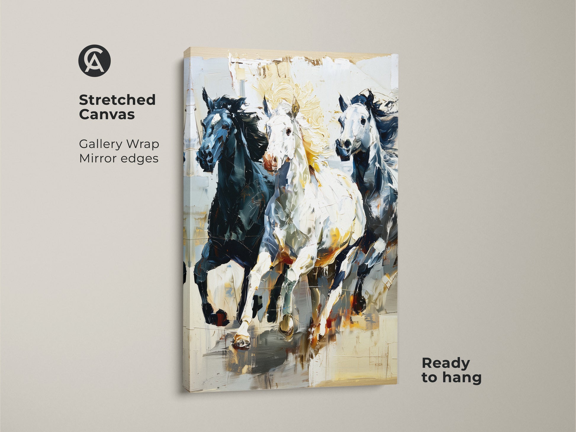 Elevate your space with this ready-to-hang stretched canvas art. The gallery wrap and mirror edges enhance the black white and gray impressionistic horse print. Ideal as eclectic living room art or animal wall hanging. A modern horse painting for wildlife art enthusiasts.