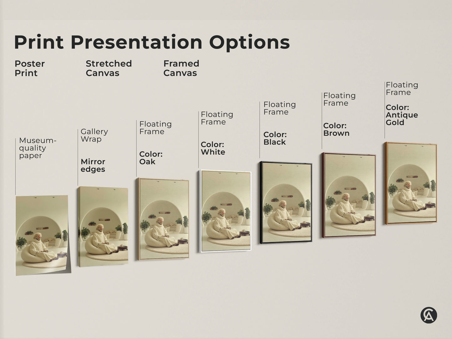 This art shows different print presentation options. See it as a poster print a stretched canvas or a framed canvas. Select from museum-quality paper gallery wrap and floating frames. Frame colors include oak white black brown and antique gold. Showcasing beige cream minimalist art of an elderly man meditating
