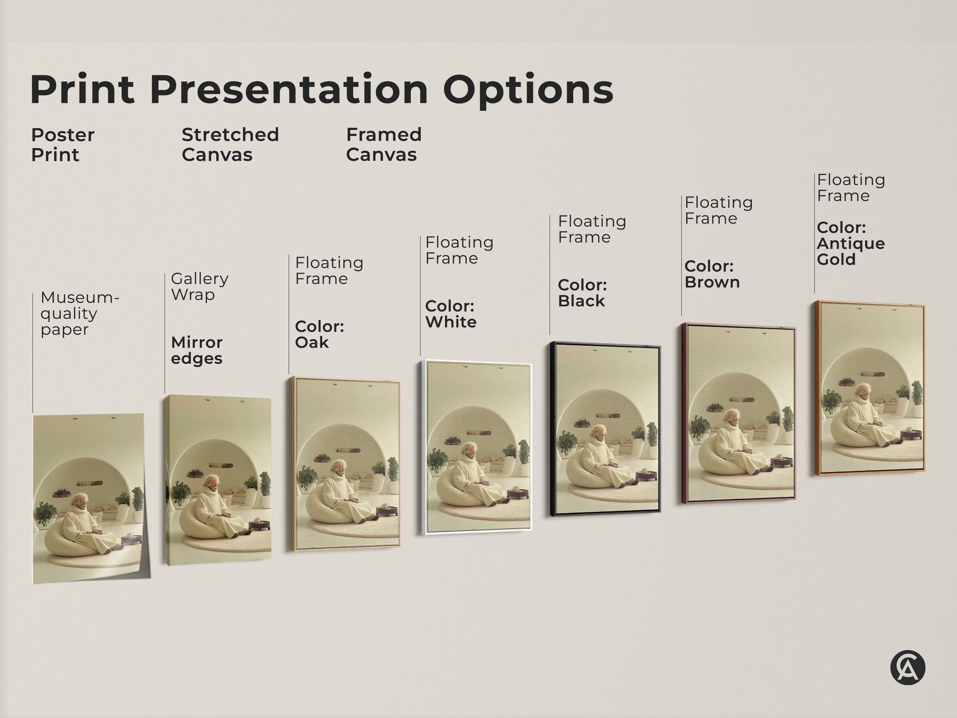 This art shows different print presentation options. See it as a poster print a stretched canvas or a framed canvas. Select from museum-quality paper gallery wrap and floating frames. Frame colors include oak white black brown and antique gold. Showcasing beige cream minimalist art of an elderly man meditating