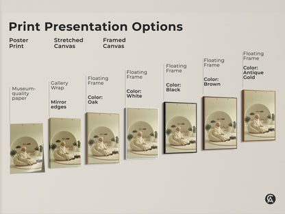 This art shows different print presentation options. See it as a poster print a stretched canvas or a framed canvas. Select from museum-quality paper gallery wrap and floating frames. Frame colors include oak white black brown and antique gold. Showcasing beige cream minimalist art of an elderly man meditating