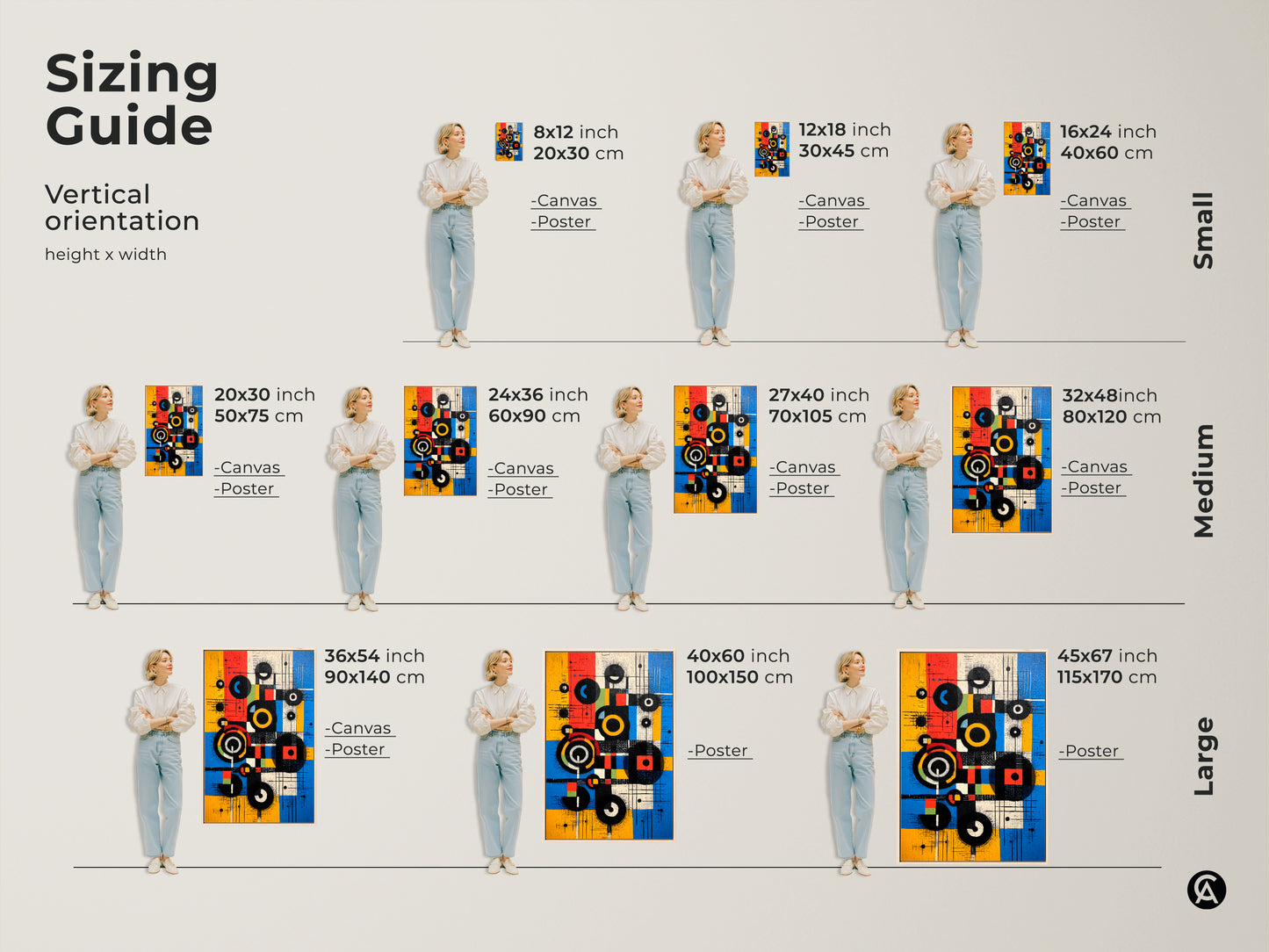 Sizing guide for vertical Mid-Century Modern abstract artwork. Available as canvas or poster in sizes from 8x12 to 45x67 inches. The geometric circles and squares in yellow blue and red add a vibrant touch to any space.