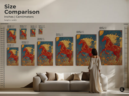 Size comparison of the red horse canvas print. See how it fits above a sofa. Available in multiple sizes from 20x30 to 45x67 inches. Perfect for adding a touch of equestrian charm to your living room decor.