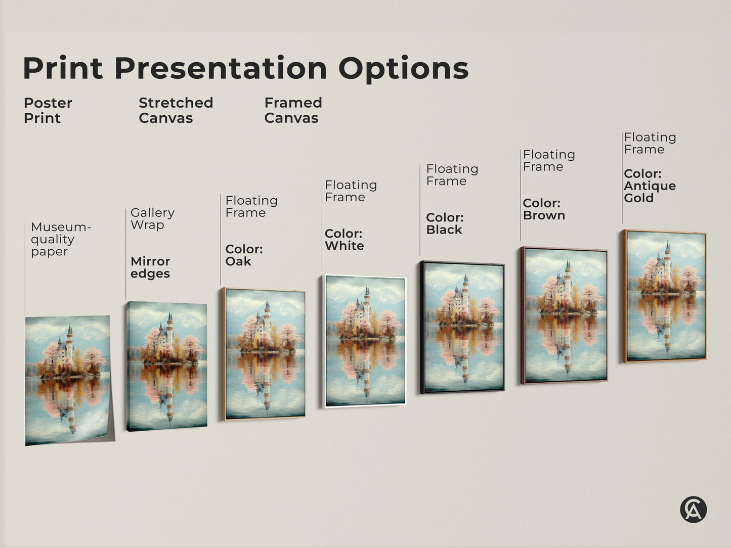 Print presentation options for Pastel Castle Wall Art. Options include poster print stretched canvas and framed canvas. Multiple frame color options. Museum-quality paper and mirror edges available.