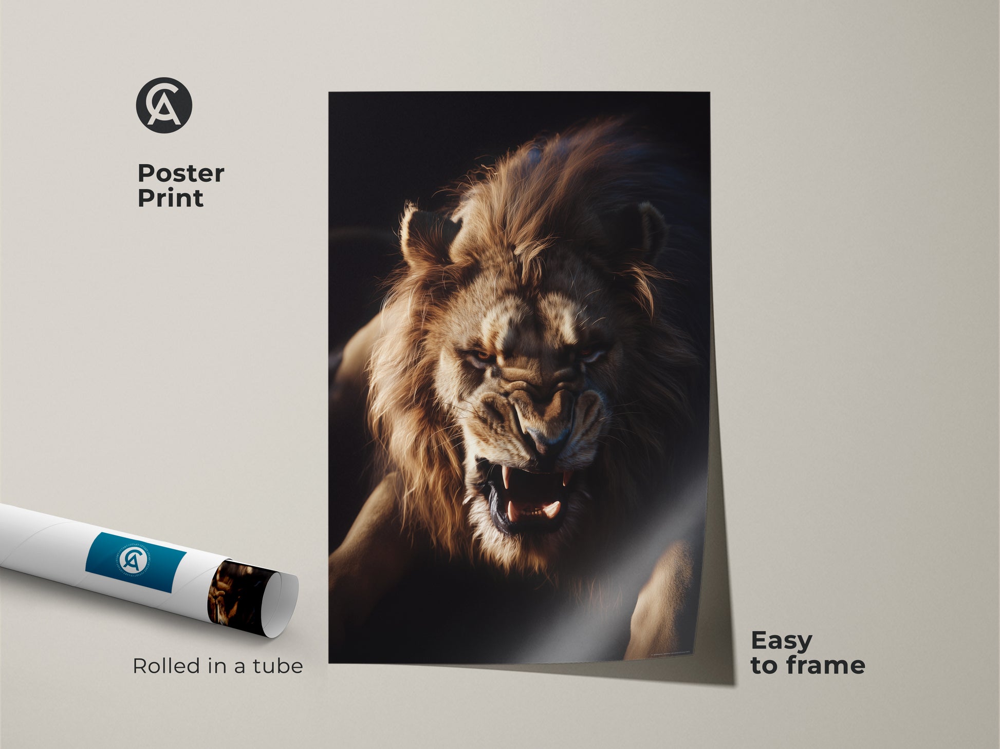 Roaring Lion Face Wall Art as a poster print. This wildlife animal poster is easy to frame. The intense lion gaze artwork is rolled in a tube. The golden brown amber tones bring out the fierce big cat artwork. A perfect gift for lion lovers.