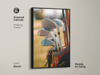 Black framed canvas of golf equipment artwork. This is a detailed shot of golf clubs in a golf bag. The frame is black and floating. This golf art is ready to hang. Buy golf art today.