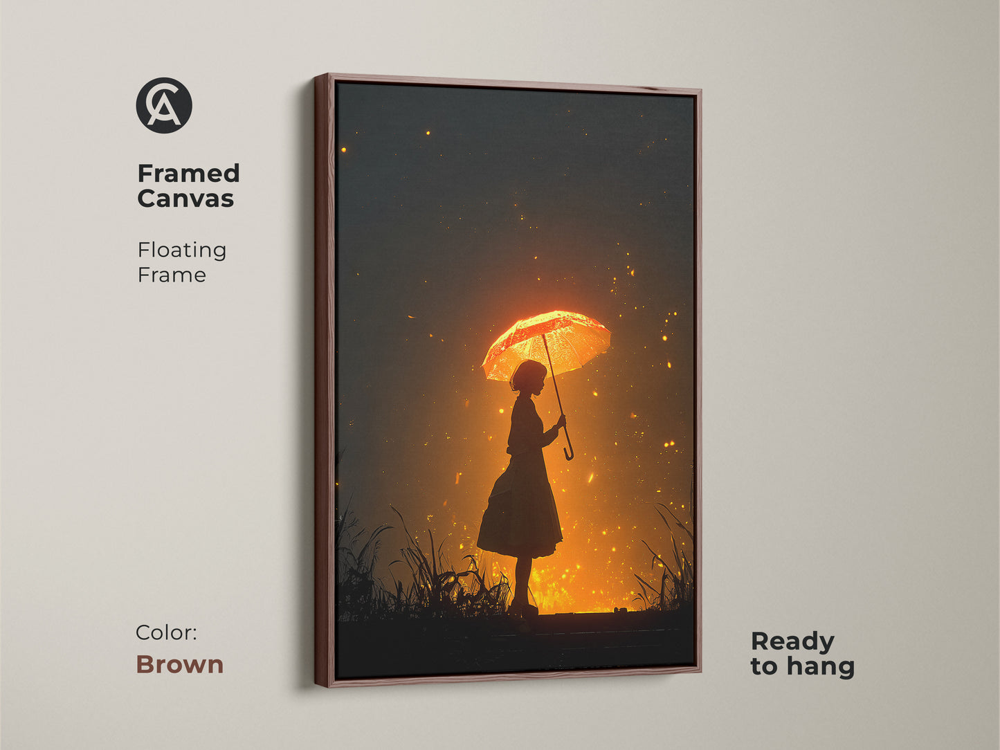 Framed canvas print with a brown floating frame. Showcases a girl holding a golden umbrella. This piece is ready to hang. Perfect for adding an atmospheric touch to your bedroom. A dreamy fantasy wall art.