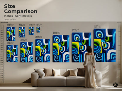Size comparison featuring this abstract art in different dimensions. Showcasing the art above a couch. The available sizes range from small to extra-large. Visualize the perfect scale to create a stunning focal point in your modern living room with this geometric artwork.