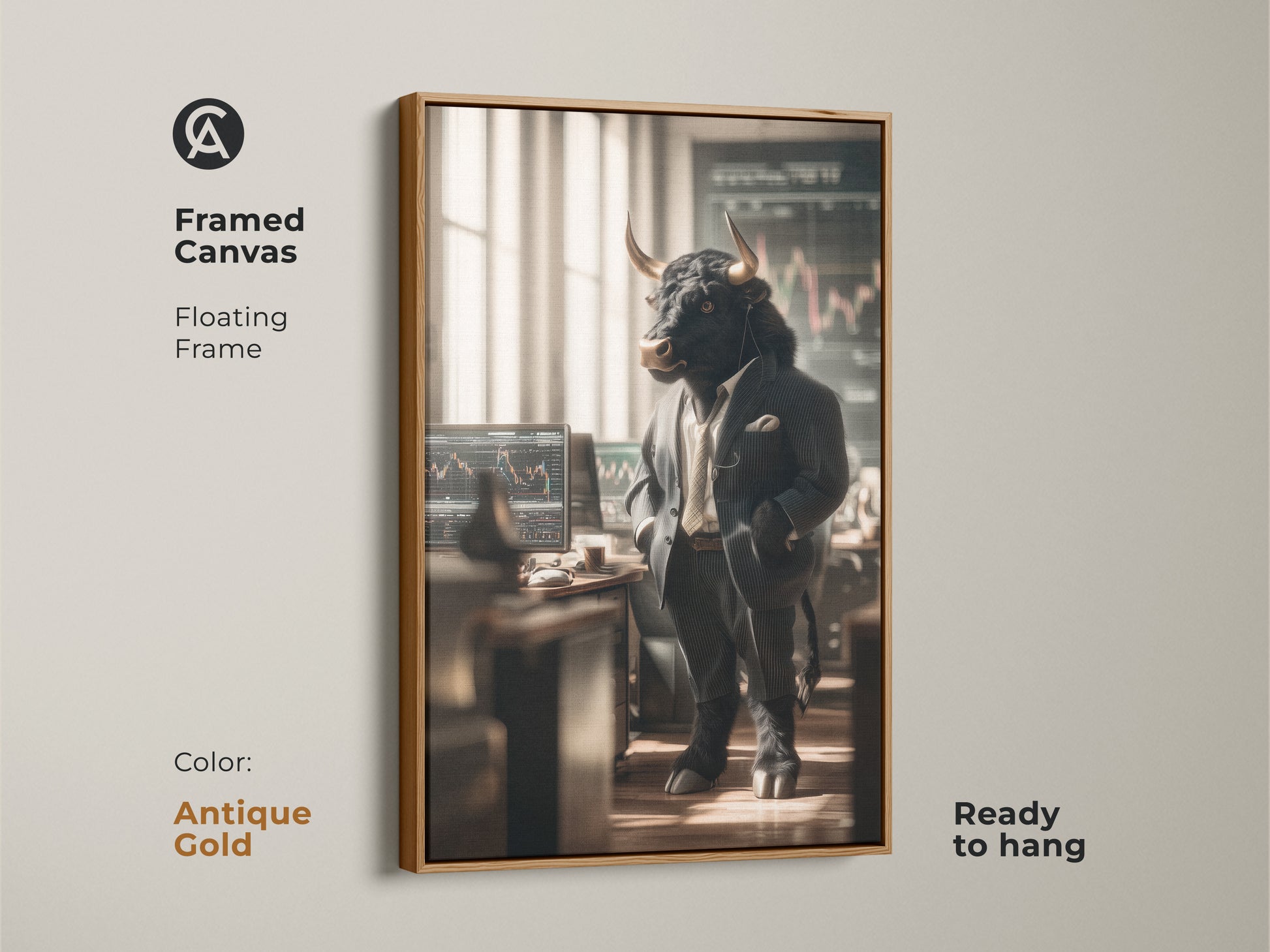 This framed canvas features a bull in a suit with stock charts in the background. The antique gold floating frame adds a touch of elegance to the art. The art is ready to hang making it a convenient decor choice. A great piece for finance enthusiasts.
