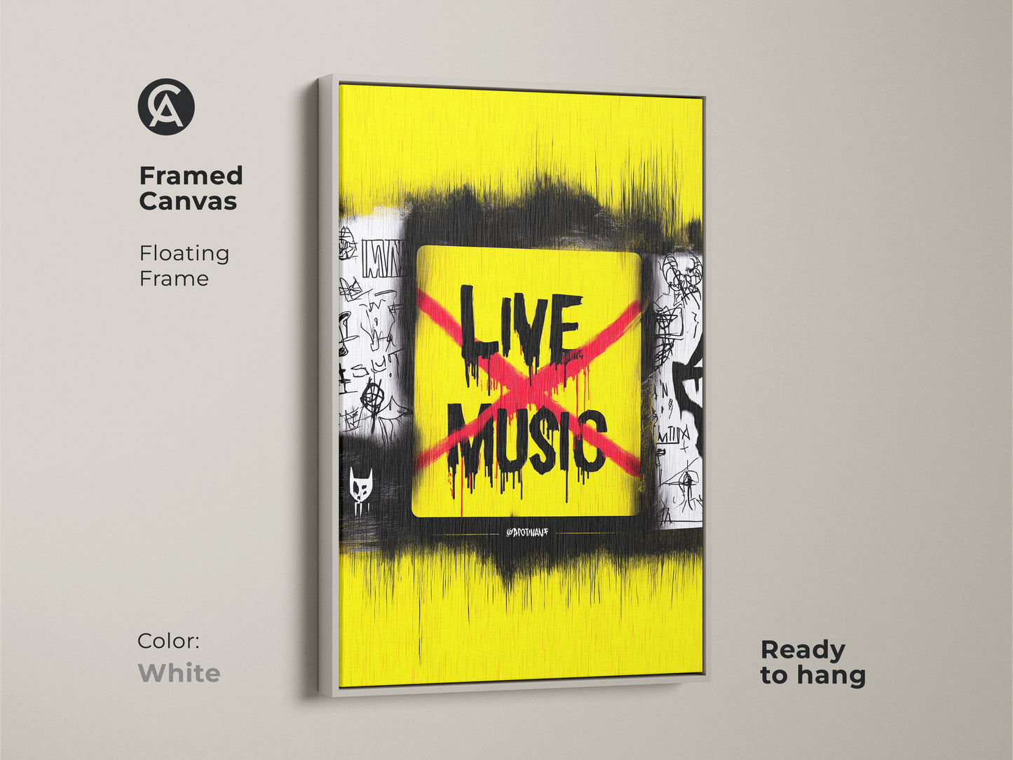 Framed canvas presenting live music art in a white floating frame. This yellow and black urban street art offers edgy wall decor. It's a modern graffiti artwork for music rooms.