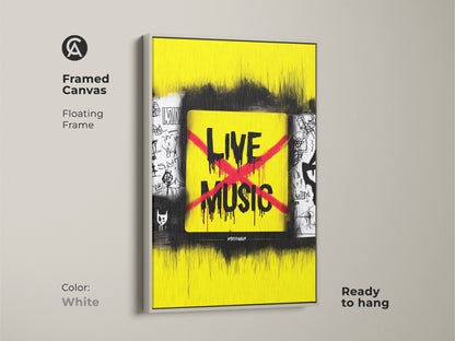 Framed canvas presenting live music art in a white floating frame. This yellow and black urban street art offers edgy wall decor. It's a modern graffiti artwork for music rooms.