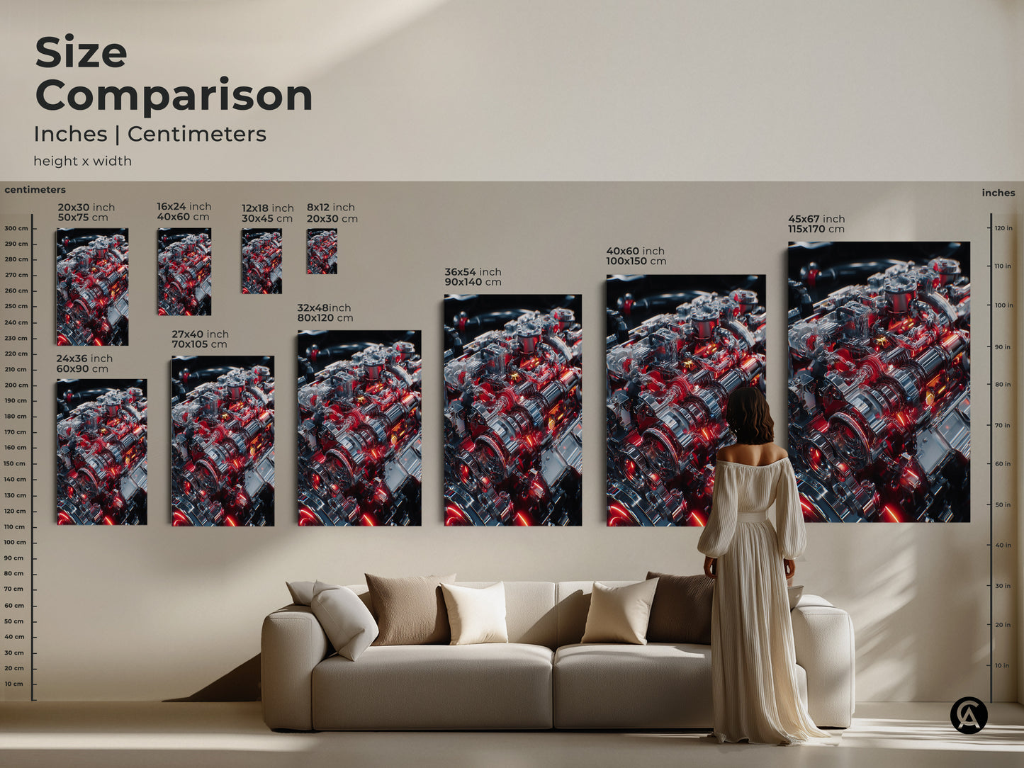 Size comparison of mechanical engine artwork. See how different sizes enhance your space. From 8x12 to 45x67 inch art prints. Perfect for man caves garages and tech offices. Silver red gears add a futuristic touch. Ideal gift for car enthusiasts.